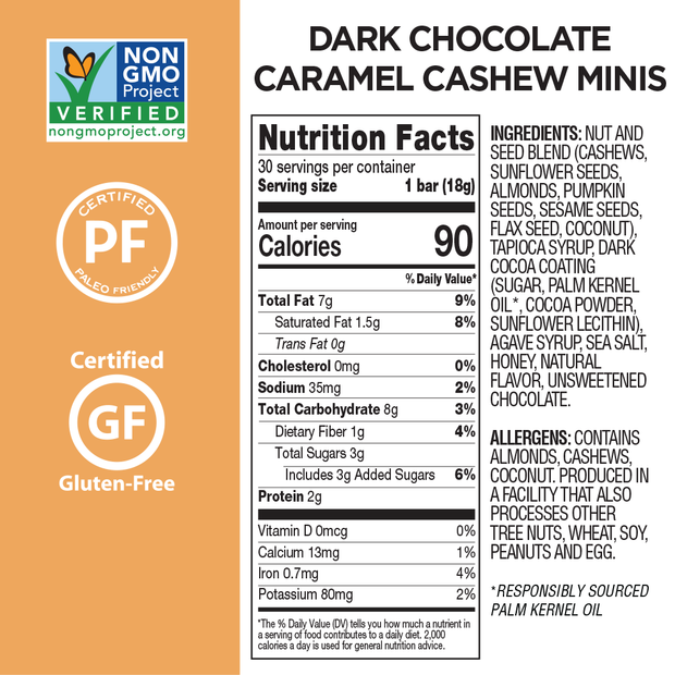 Dark Chocolate Nutrition Bar Minis Combo 30-Pack: Almond Coconut + Caramel Cashew