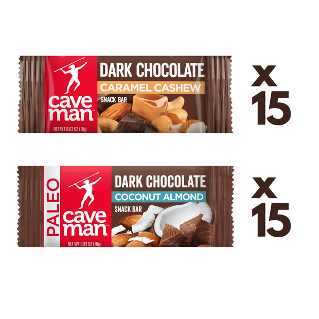 Dark Chocolate Nutrition Bar Minis Combo 30-Pack: Almond Coconut + Caramel Cashew