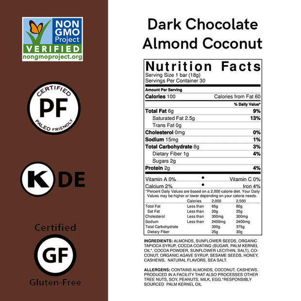 Dark Chocolate Nutrition Bar Minis Combo 30-Pack: Almond Coconut + Caramel Cashew